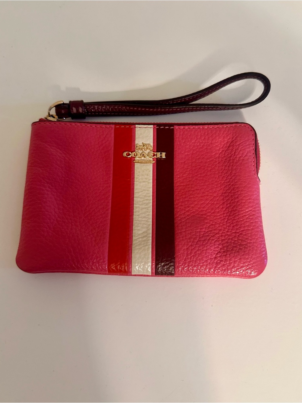 Coach Pink Leather Wristlet with Multicolor Center Stripes